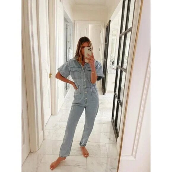 FREE PEOPLE Marci Denim Jumpsuit in Wash Clear Skies Size X-Small - Picture 1 of 16
